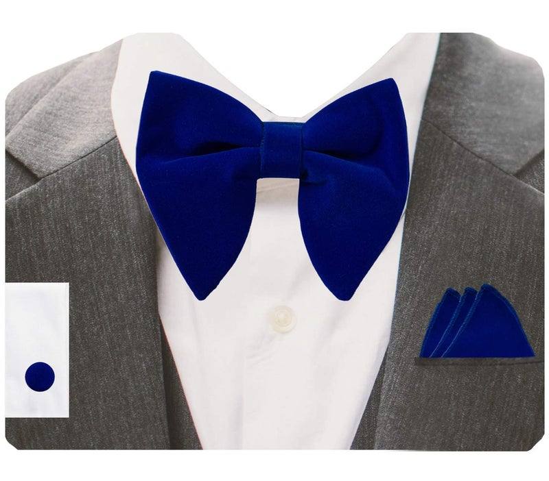 GUSLESON Velvet Big Bow Ties For Men Royal Blue Pre-tied Bowtie and Pocket Square Cufflink Sets (0571-06) - Image 1